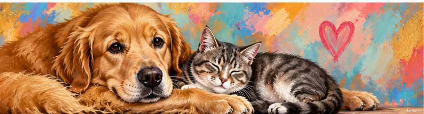 Animals paint party kits banner with a golden retriever and tabby cat against a colorful painted background