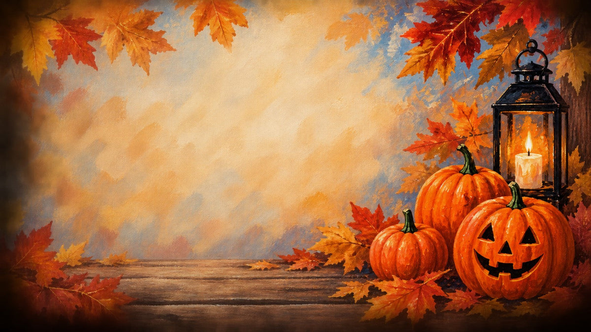 Fall and Halloween paint party kits banner with pumpkins, autumn leaves, and glowing lantern