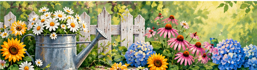 Florals and gardens paint party kits banner with daisies, hydrangeas, sunflowers and watering can