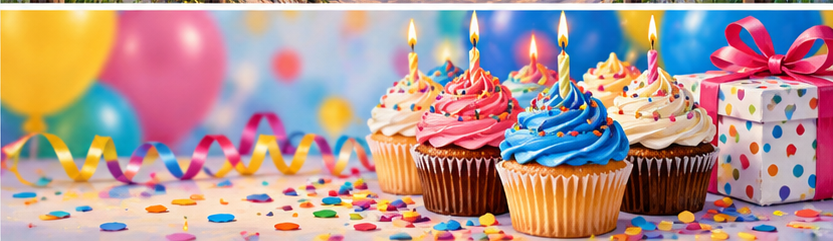 Kids and whimsical paint party kits banner with colorful birthday cupcakes, candles, confetti and balloons
