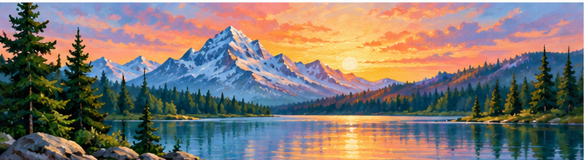 Landscapes and nature paint party kits banner with mountains, sunset, evergreen trees and reflective lake