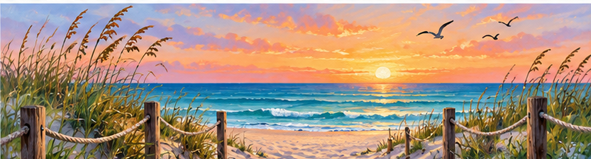 Ocean and beach paint party kits banner with sunrise, dunes, sea oats and ocean waves