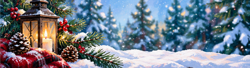 Winter and Christmas paint party kits banner with snowy evergreens, berries, pinecones and glowing lantern