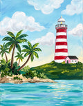 Bahamas-inspired tropical island painting with red and white striped lighthouse, palm trees, blue sky and turquoise Caribbean water