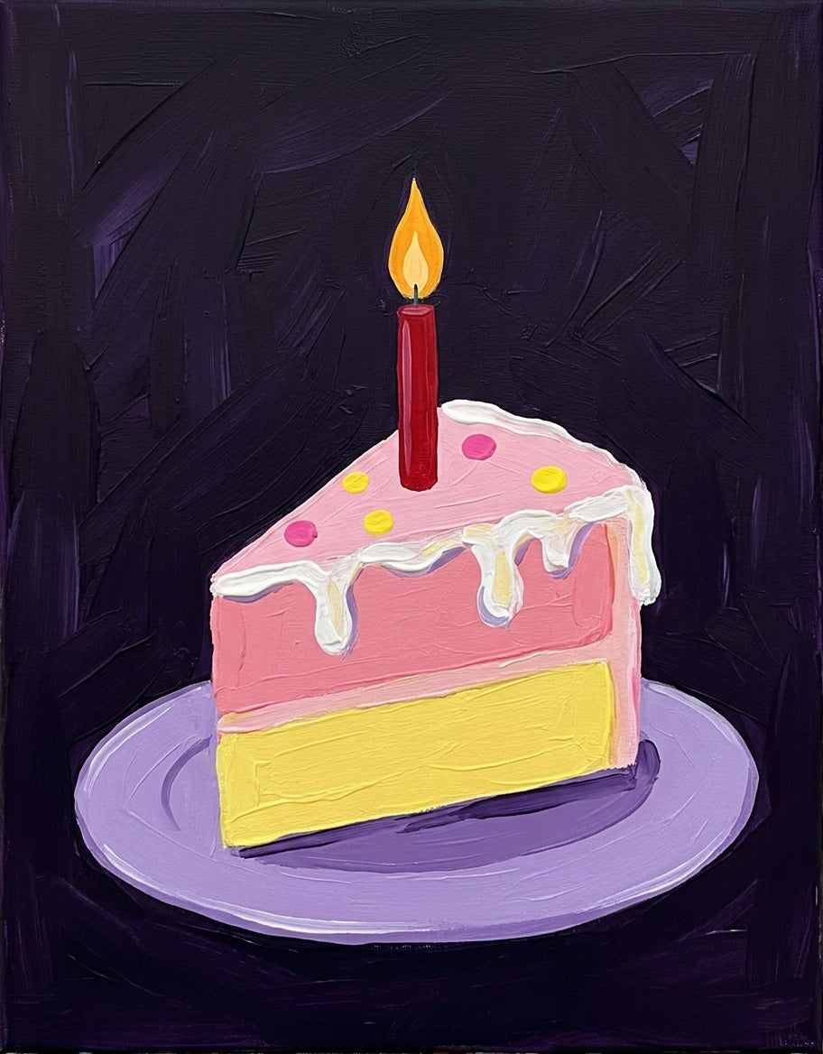 Birthday cake slice paint party painting with pink frosting and a candle