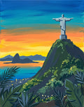 Brazil Rio de Janeiro sunset acrylic painting with Christ the Redeemer statue above green mountains, Guanabara Bay and Sugarloaf Mountain