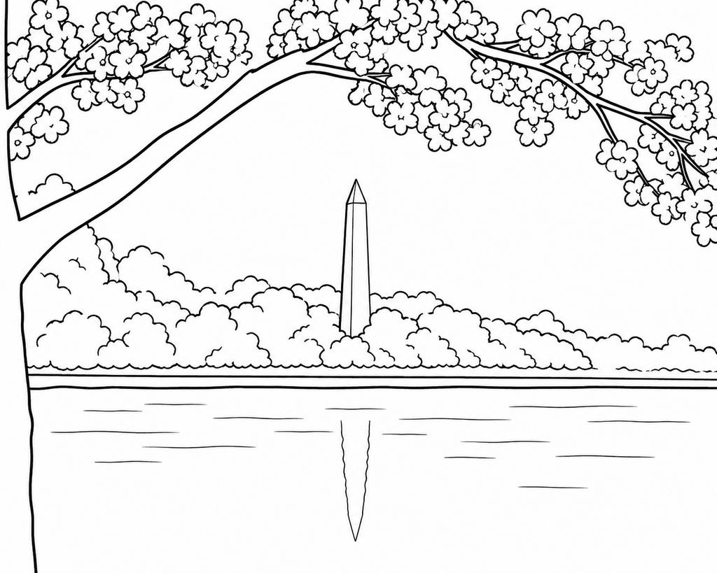 Cherry Blossoms at the Monument pre-traced canvas line drawing
