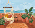 Cozy balcony retreat paint party painting with hanging chair, plants, lights, and coffee