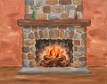 Cozy stone fireplace paint party painting with a glowing fire and warm neutral colors