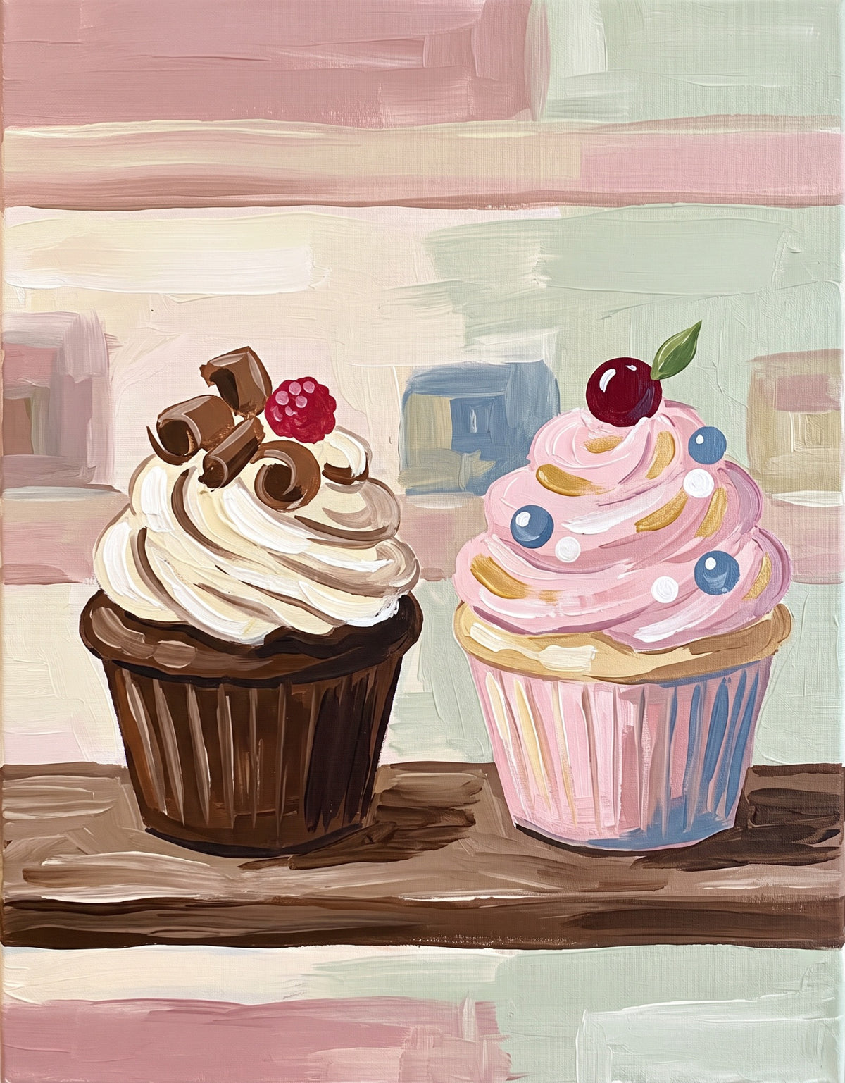 Cupcake duo paint party painting with chocolate and pink frosted cupcakes