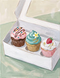 Cupcake trio paint party painting with three colorful cupcakes in a bakery box
