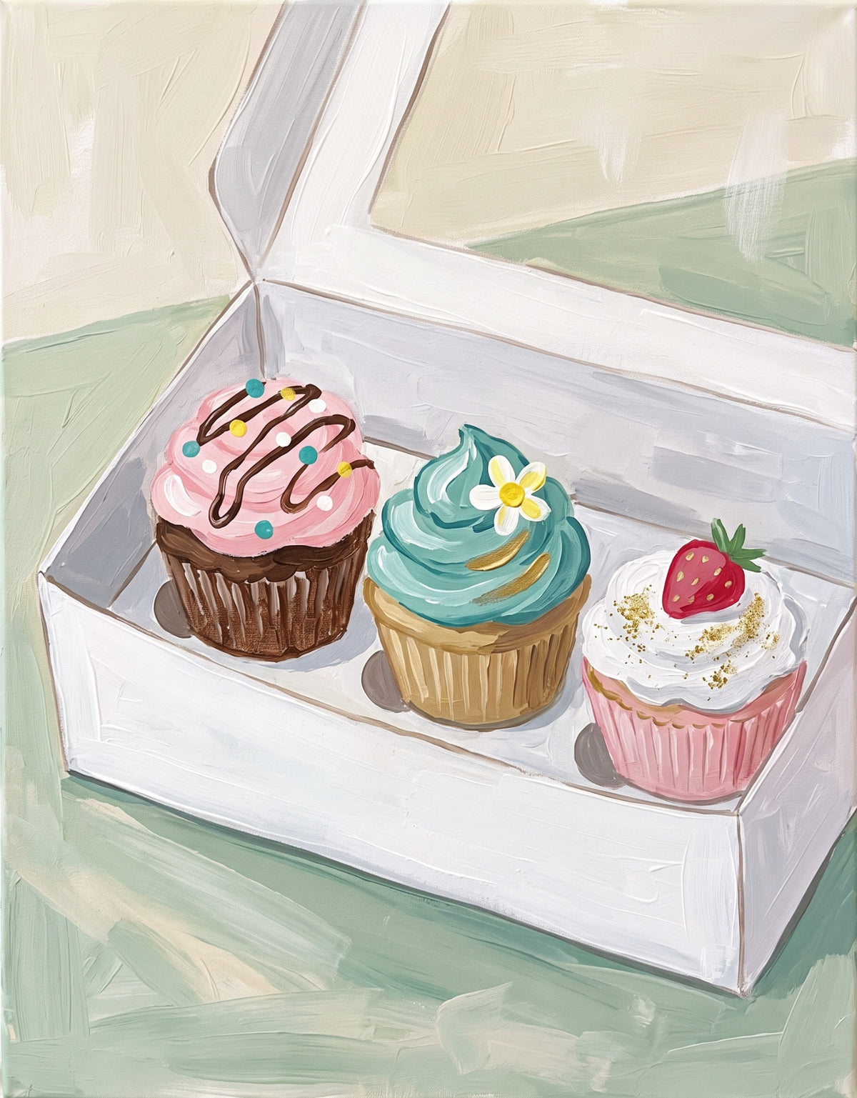 Cupcake trio paint party painting with three colorful cupcakes in a bakery box