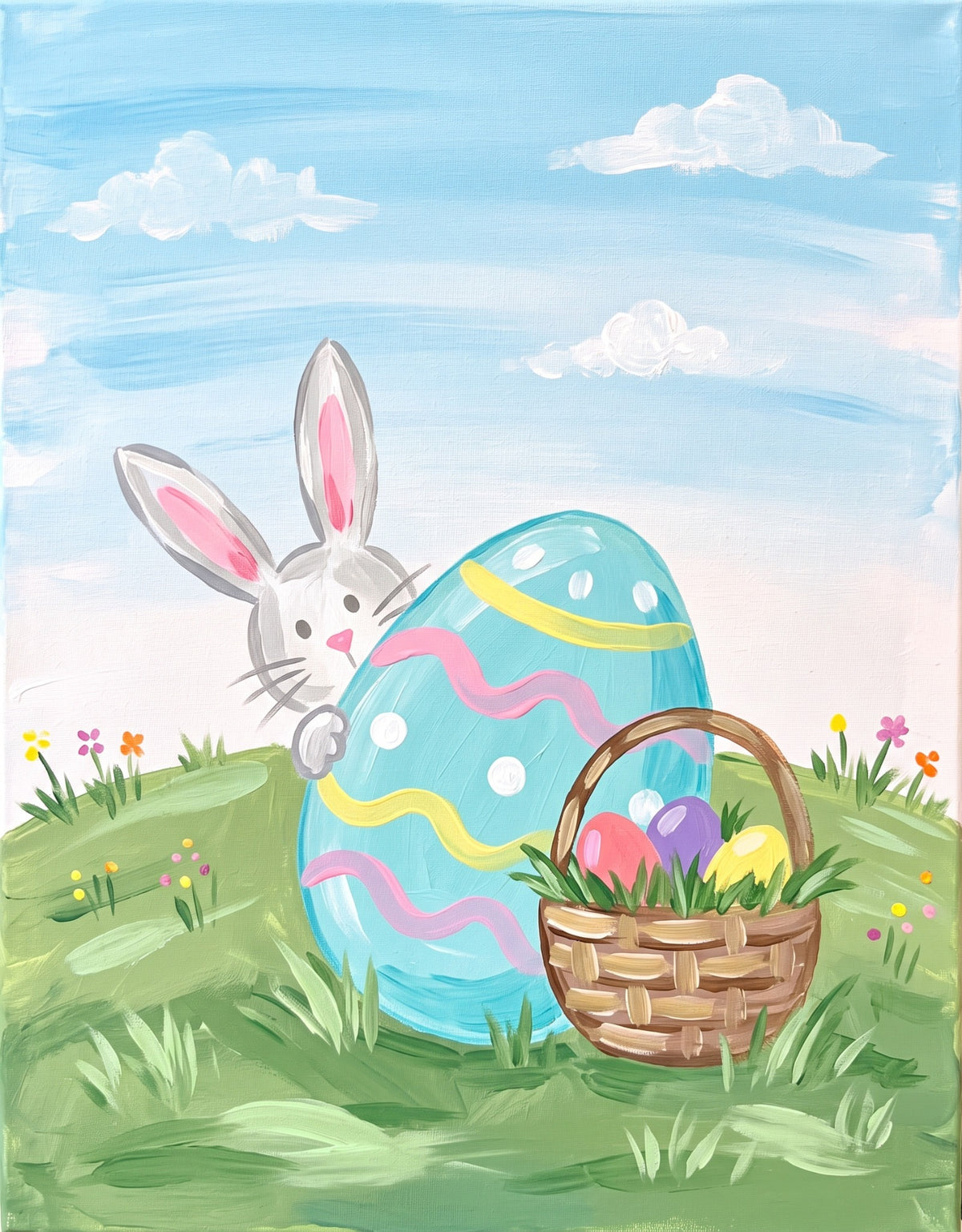 Easter Bunny & Decorated Egg acrylic painting design on canvas for DIY paint kit