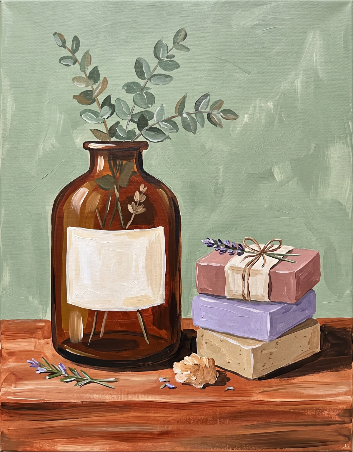 Eucalyptus & Lavender Soap Still Life acrylic painting design on canvas for DIY paint kit