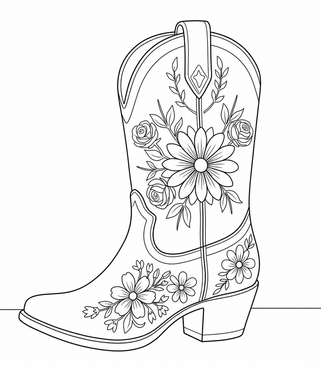 Floral Cowboy Boot pre-traced canvas black and white line drawing