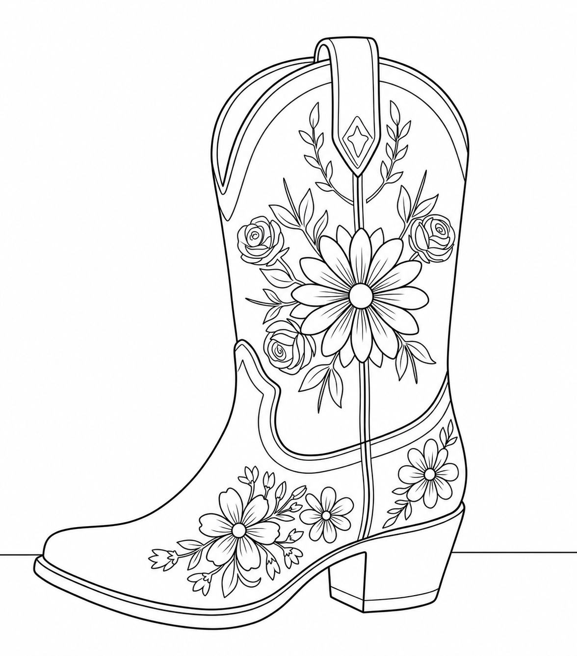 Floral Cowboy Boot pre-traced canvas black and white line drawing