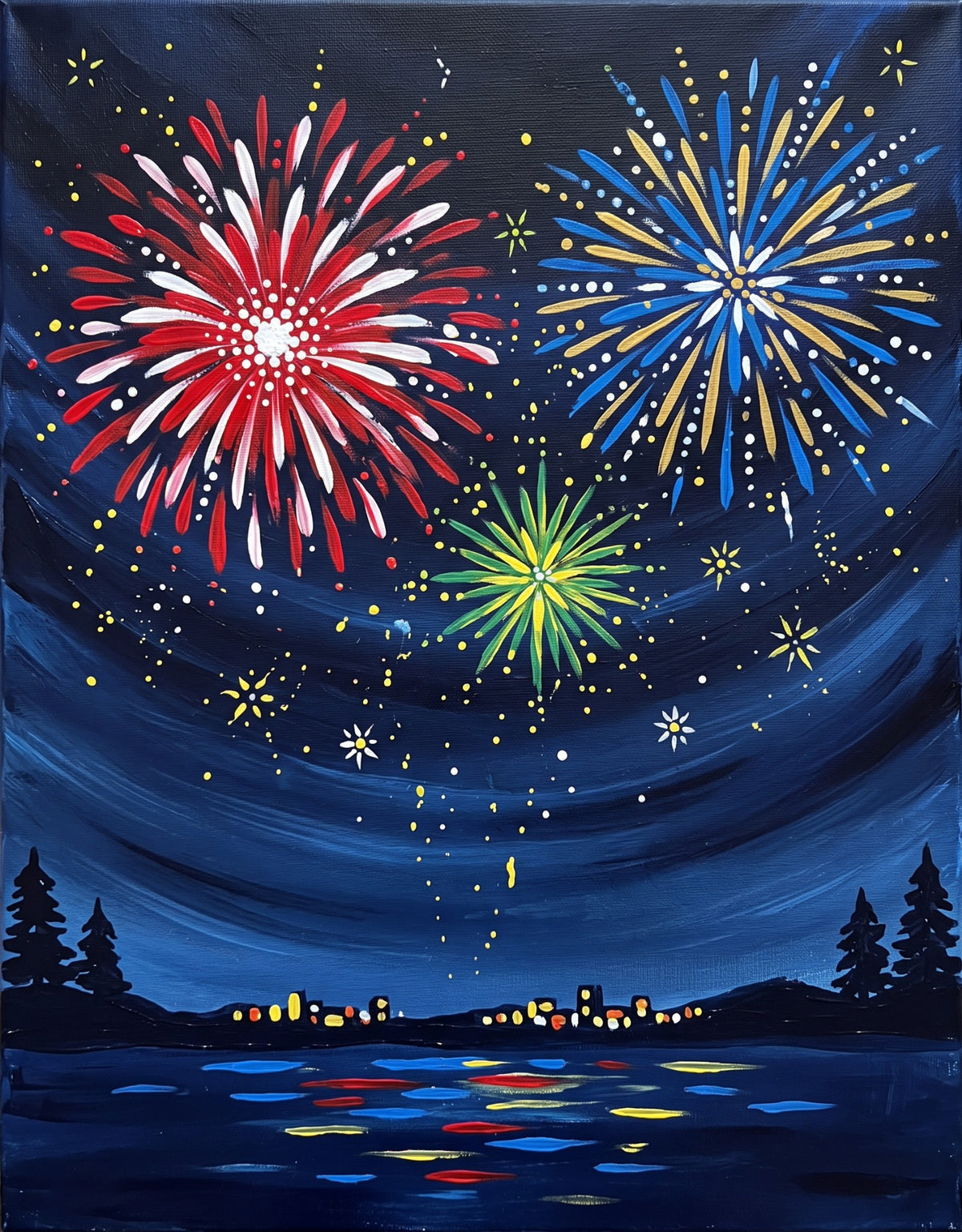 Fourth of July Fireworks acrylic painting design on canvas for DIY paint kit