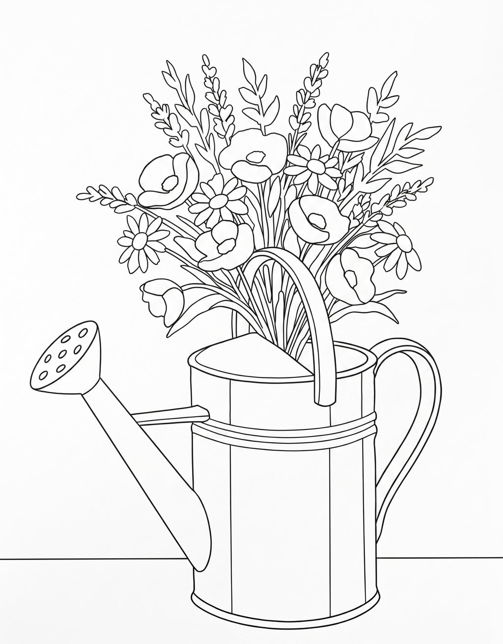 Pre-traced line drawing of garden watering can with flowers