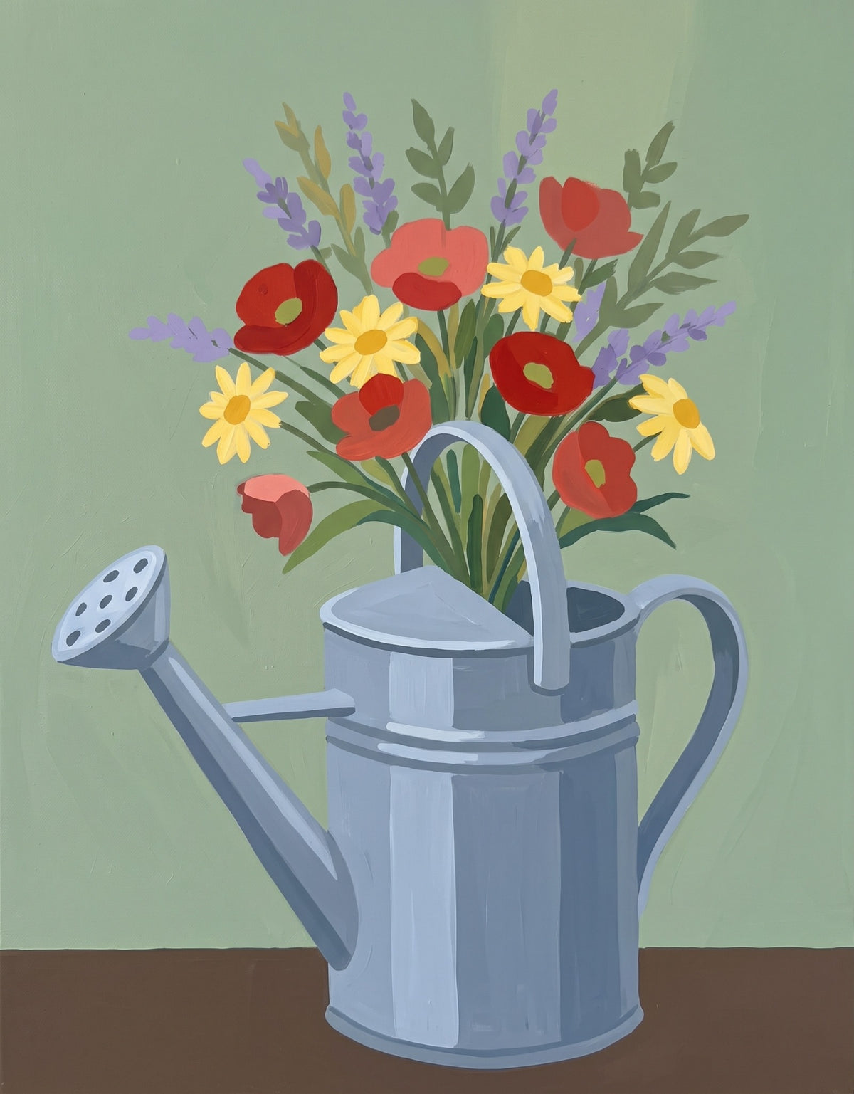 Finished garden watering can with colorful flowers painting