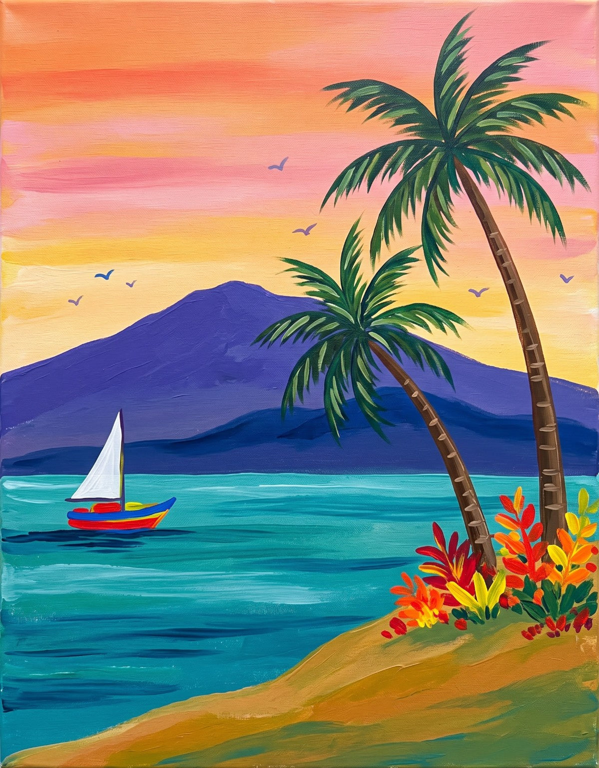 Haiti inspired tropical Caribbean sunset painting with sailboat, palm trees, turquoise water and mountain coastline