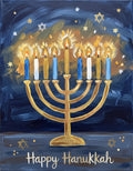 Happy Hanukkah menorah painting with nine lit candles and gold stars