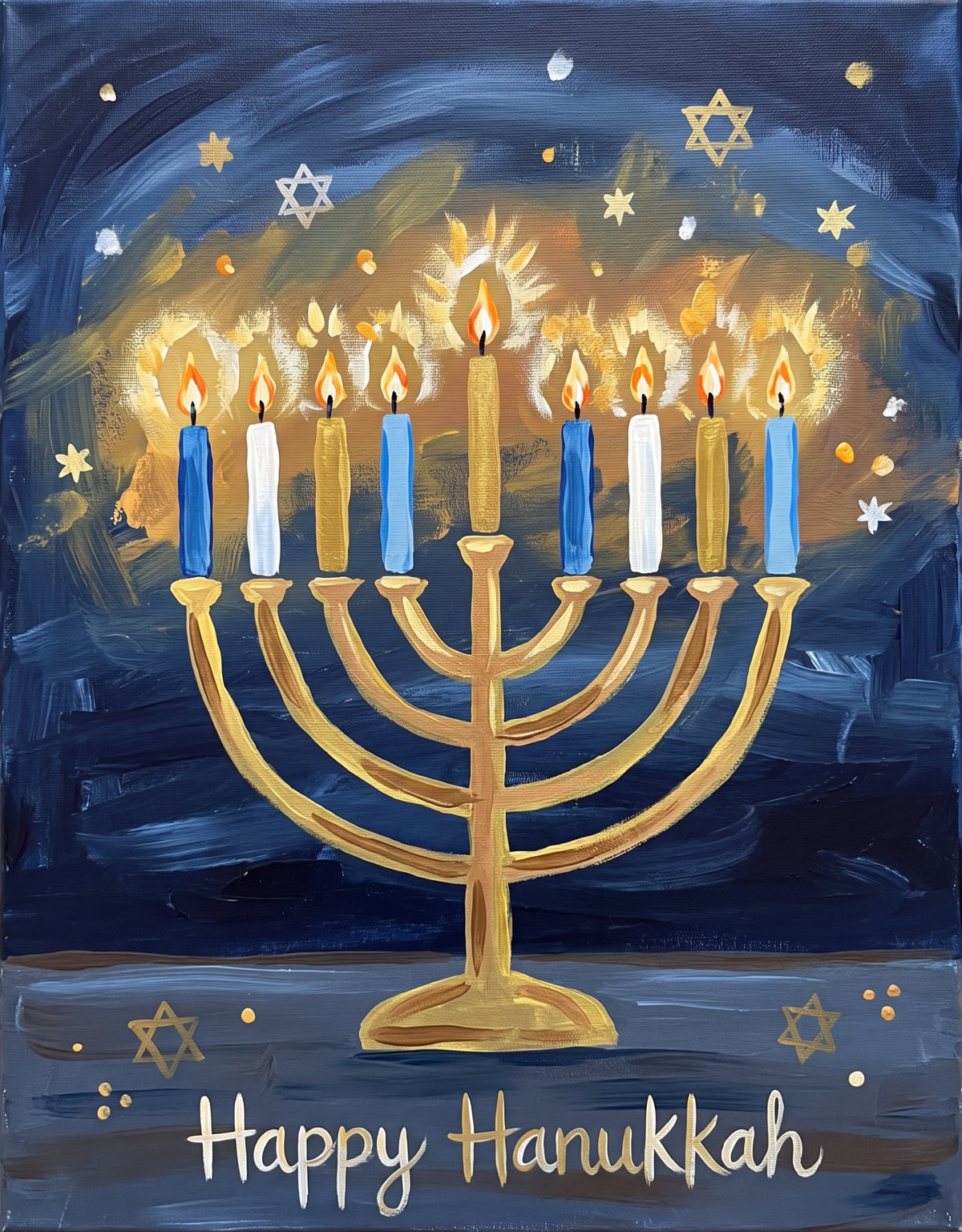 Happy Hanukkah menorah painting with nine lit candles and gold stars