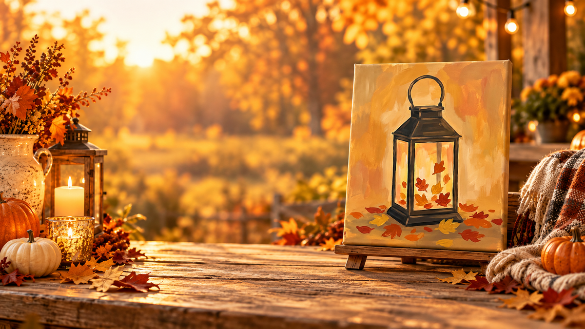 Honeybee Arts fall homepage banner featuring the Autumn Lantern painting on canvas