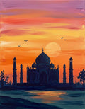 India-inspired Taj Mahal acrylic painting silhouetted against a vivid orange and pink sunset with birds and reflections in the water