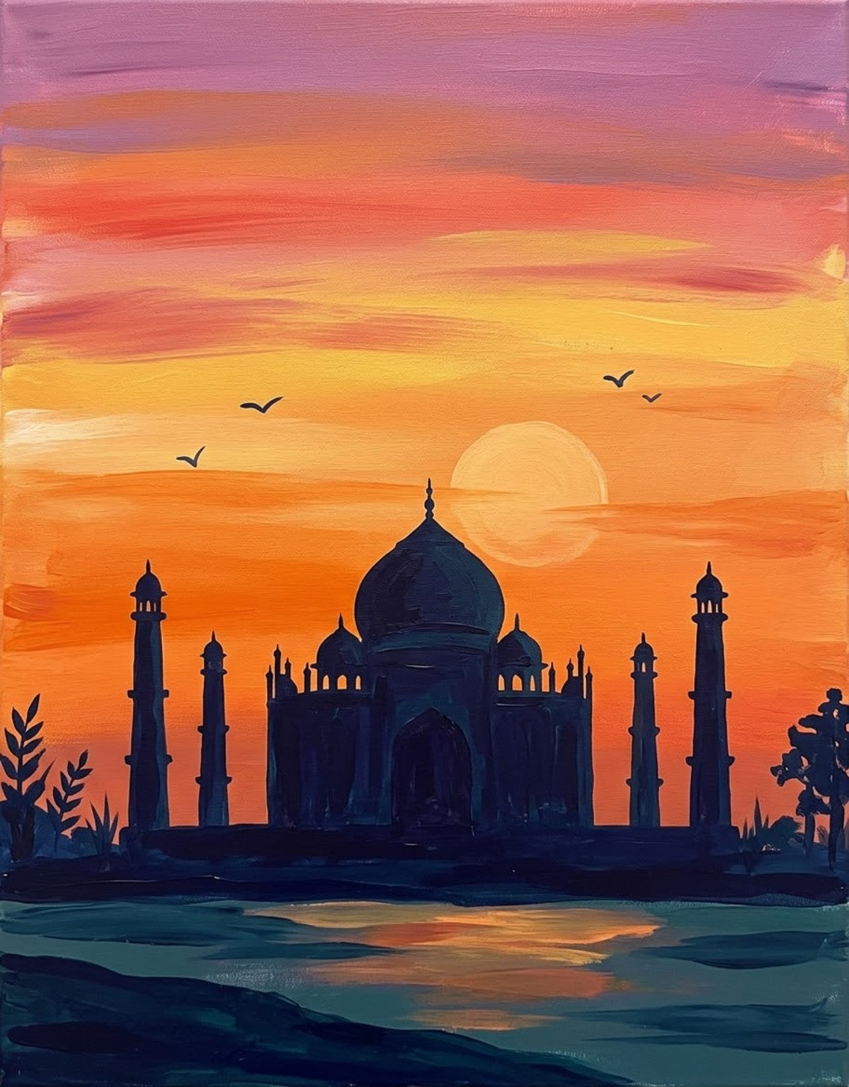 India-inspired Taj Mahal acrylic painting silhouetted against a vivid orange and pink sunset with birds and reflections in the water
