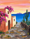 Mexico-inspired coastal village acrylic painting with pink bougainvillea, adobe houses, tall cactus, cobblestone path and blue ocean at sunset