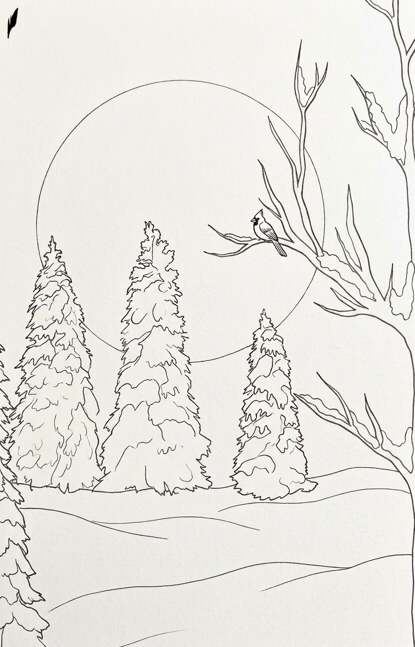 Moonlit Winter Pines pre-traced canvas line drawing
