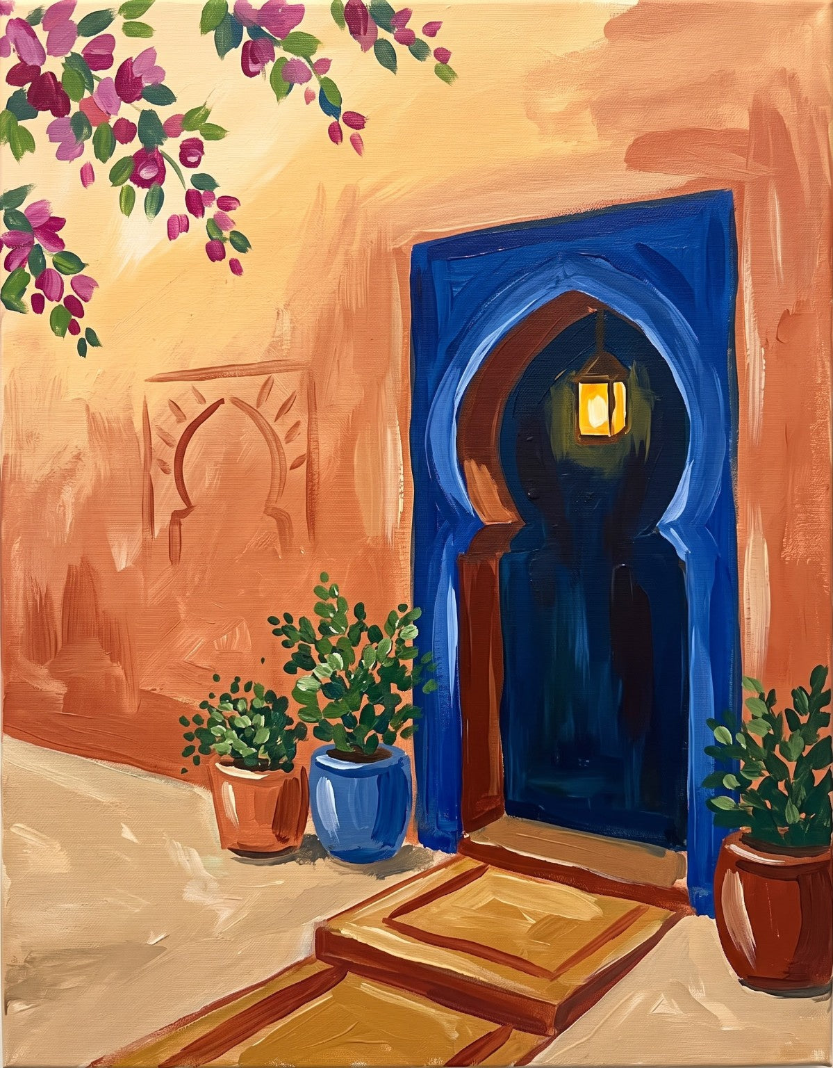 Morocco-inspired painting of a blue arched doorway set in terracotta walls with flowering bougainvillea, potted greenery and a glowing lantern