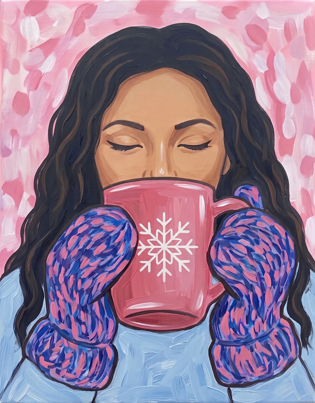 Mugs and Mittens paint party painting variation with pink mug and blue mittens