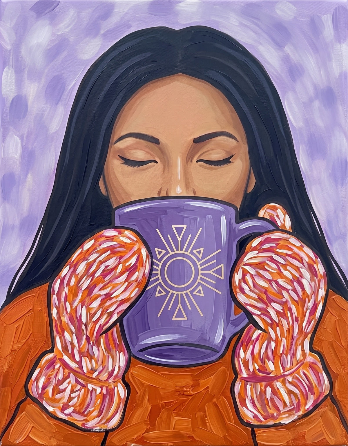 Mugs and Mittens paint party painting variation with purple mug and orange mittens