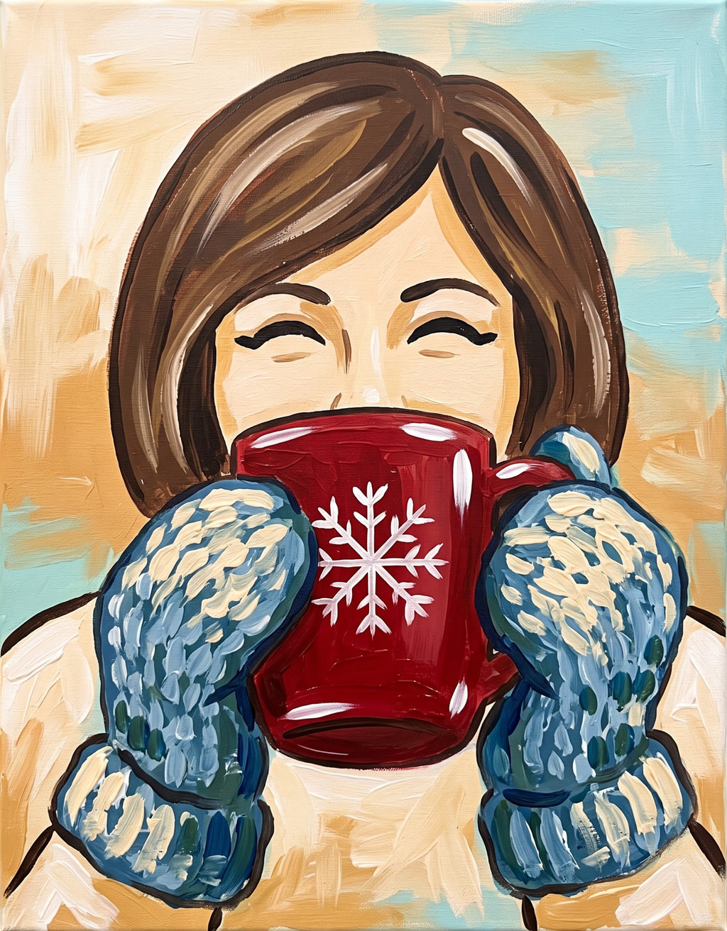 Mugs and Mittens paint party painting variation with red mug and blue mittens