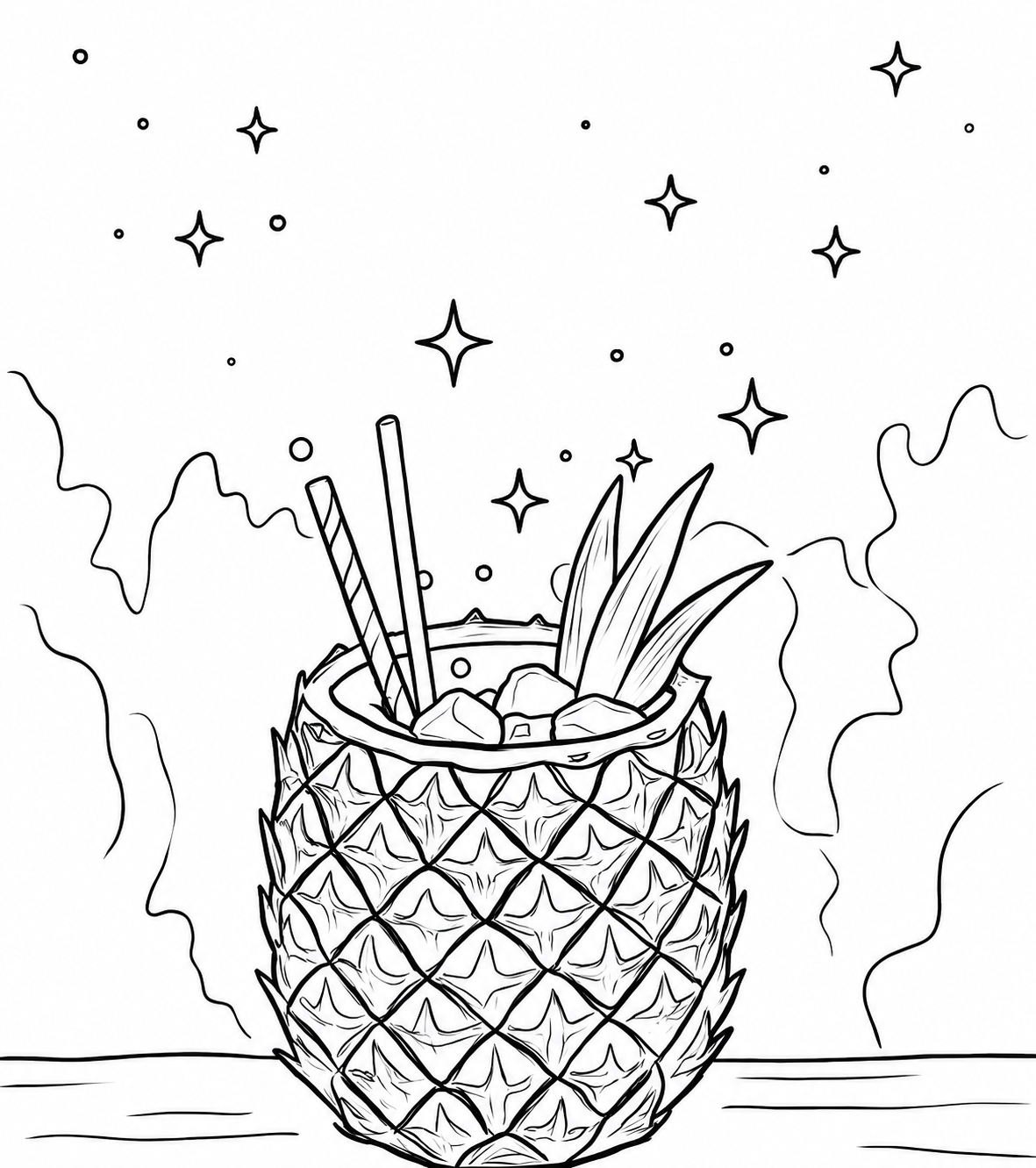 Pre-traced pineapple cocktail line drawing