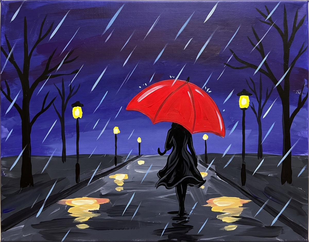 Red Umbrella Rainy Night Paint Party Kit painting