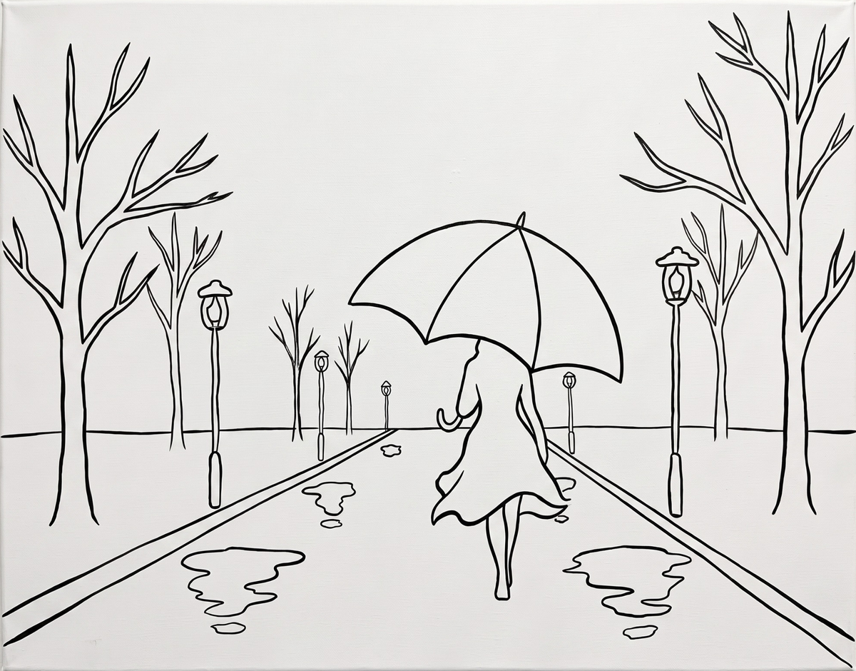 Red Umbrella Rainy Night pre-traced canvas line drawing