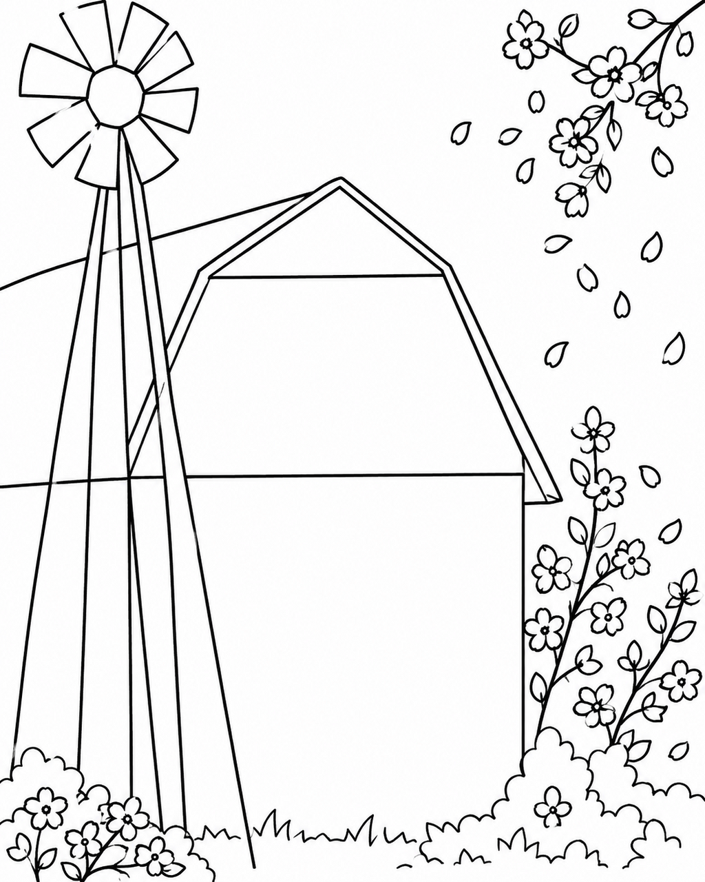Rustic Barn & Windmill pre-traced canvas line drawing