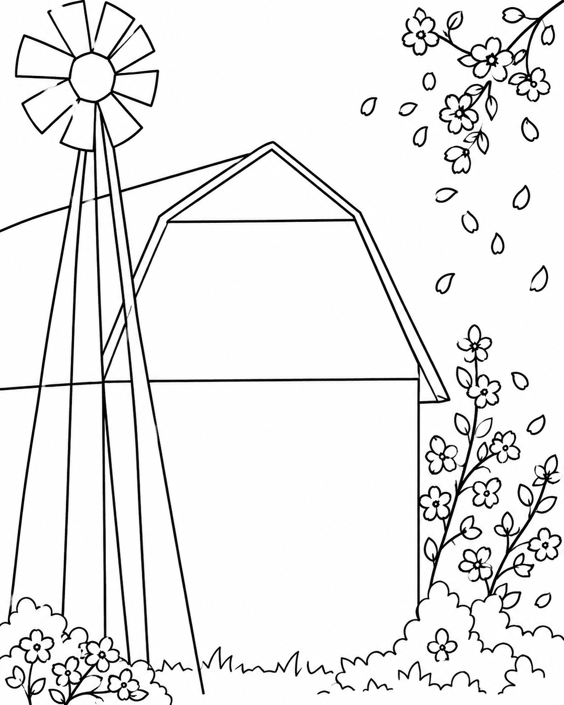 Rustic Barn & Windmill pre-traced canvas line drawing