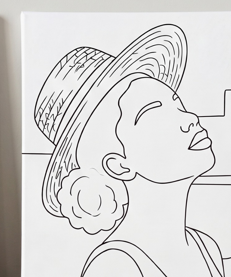 Serene Beach Portrait pre-traced canvas line drawing