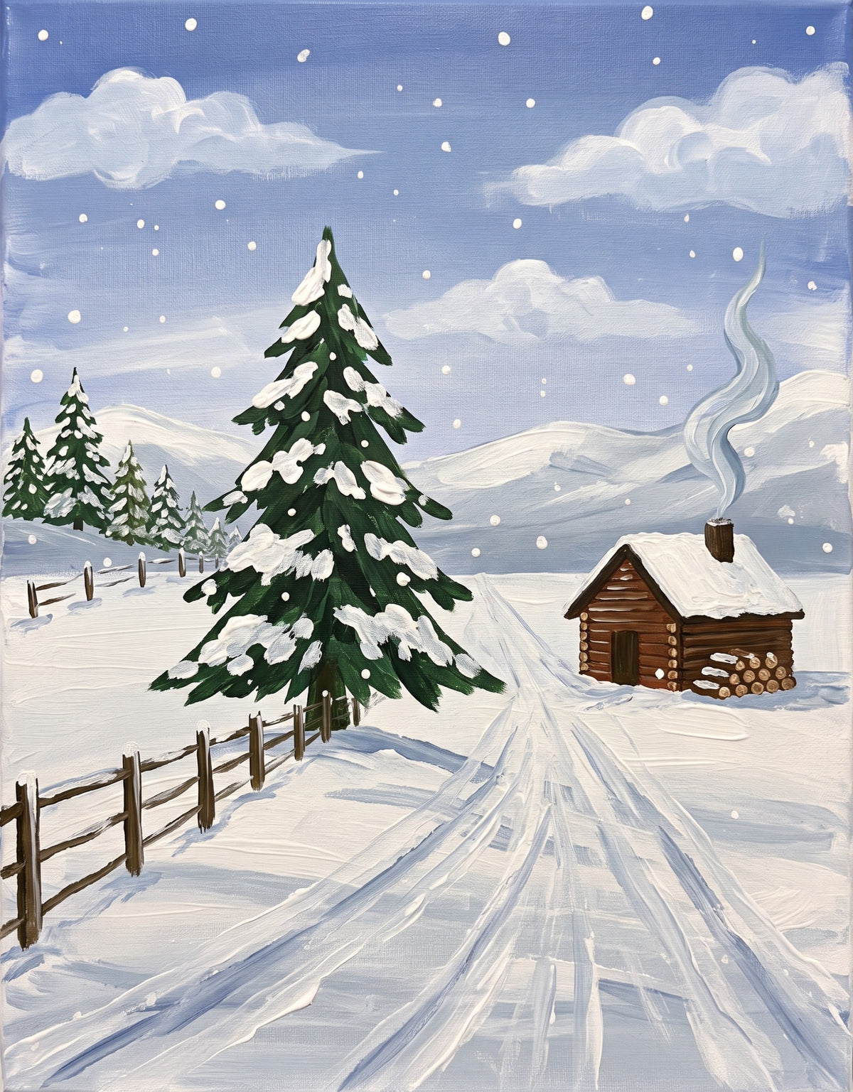 Snowy cabin winter paint party painting with evergreen trees and falling snow