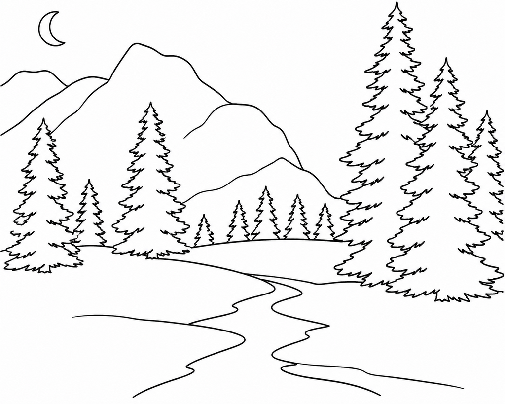 Snowy Mountain River pre-traced canvas line drawing