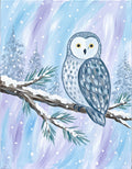 Snowy owl winter paint party painting on a snow covered evergreen branch