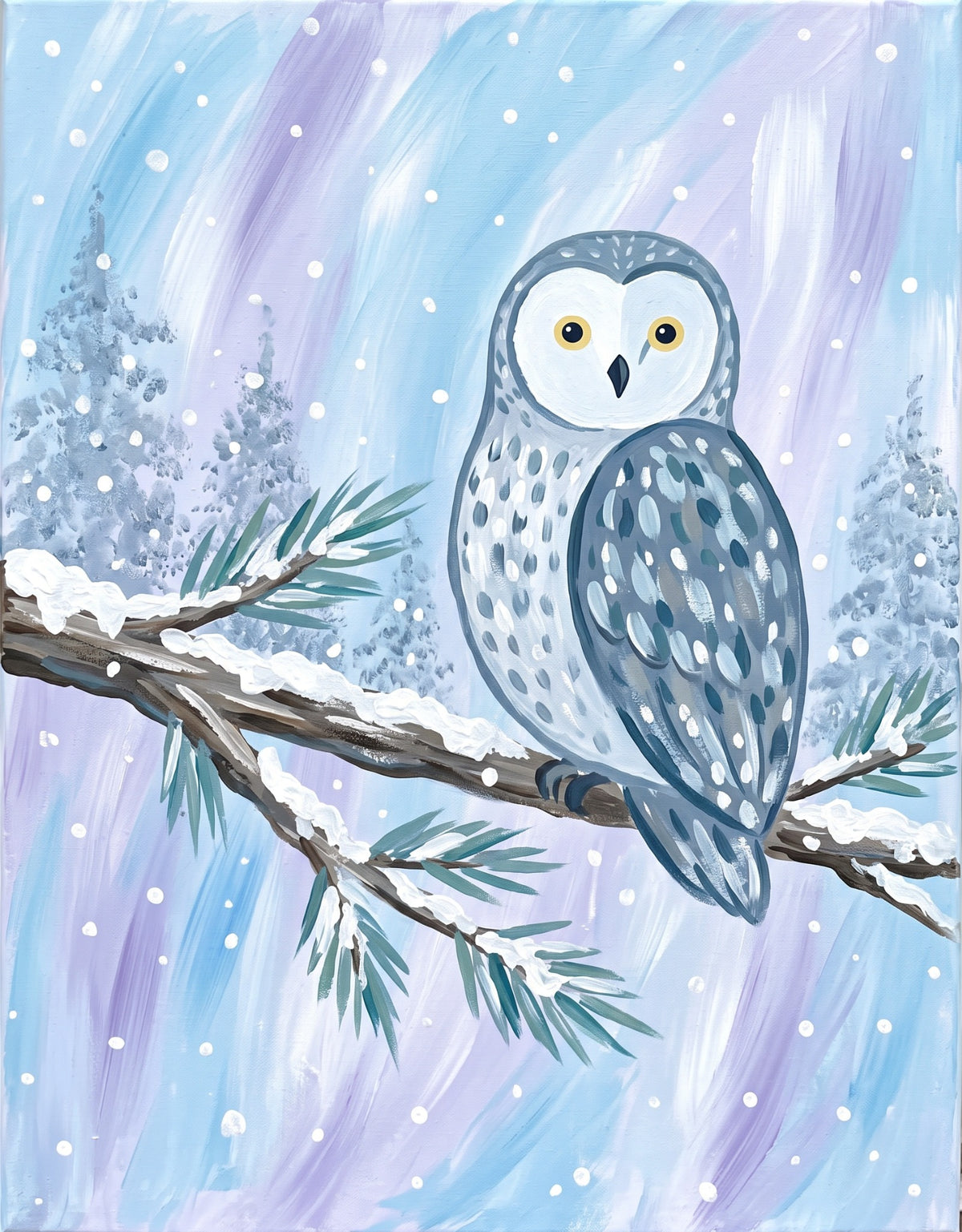 Snowy owl winter paint party painting on a snow covered evergreen branch