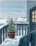 Snowy porch Christmas tree paint party painting with string lights and knit blanket