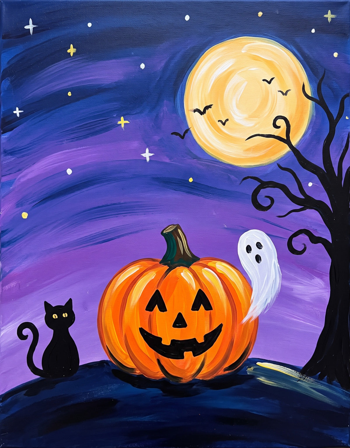Halloween jack-o-lantern with black cat ghost and moon