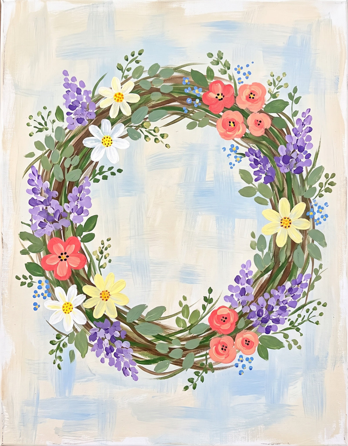 Spring Floral Wreath acrylic painting design on canvas for DIY paint kit