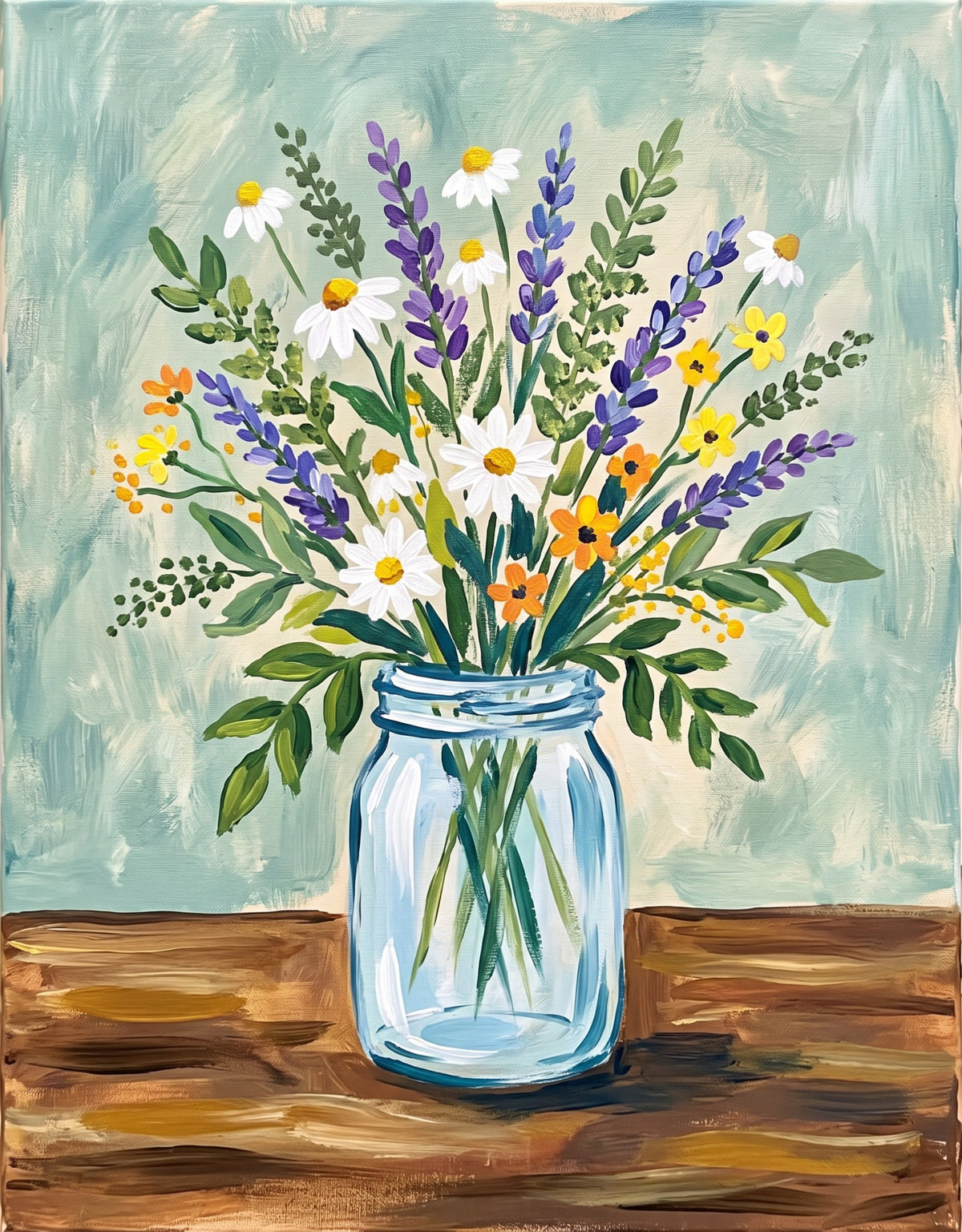 Spring Wildflowers in a Mason Jar acrylic painting design on canvas for DIY paint kit