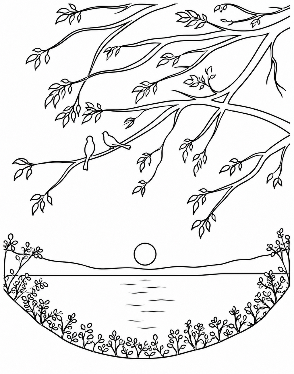 Sunset Lake Through the Trees pre-traced canvas line drawing